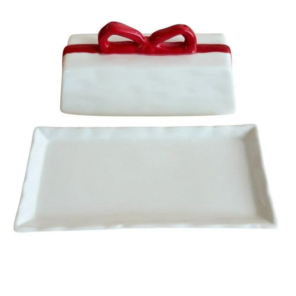 Anthropologie Benedita Bow Ceramic Stoneware Butter Dish Red Ribbon Ivory New